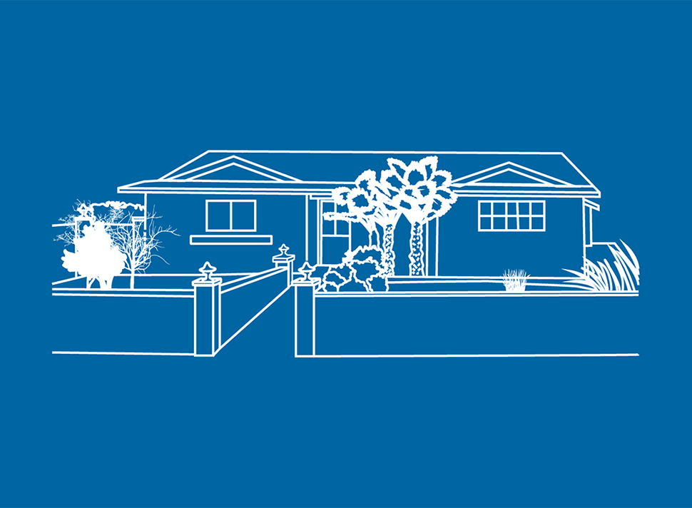 white line illustration of the Alameda house against a dark blue background