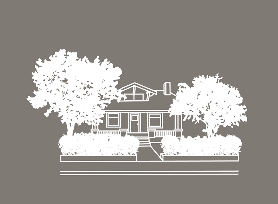 white line illustration of the casa Juana Maria house against a gray background