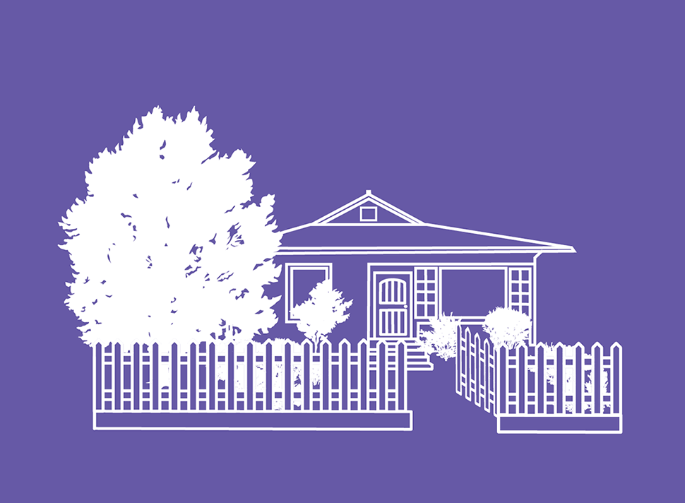 white line illustration of the cottage grove house against a purple background