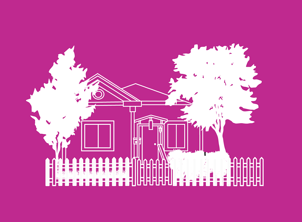 white line illustration of the de la vina house against a magenta background