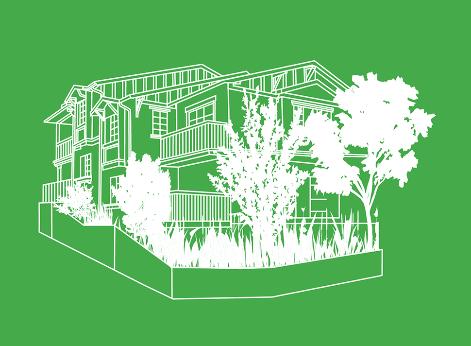 white line illustration of the de la vina house against a magenta background