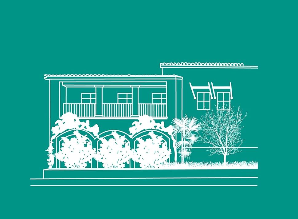 white line illustration of the garden street apartments against a teal background