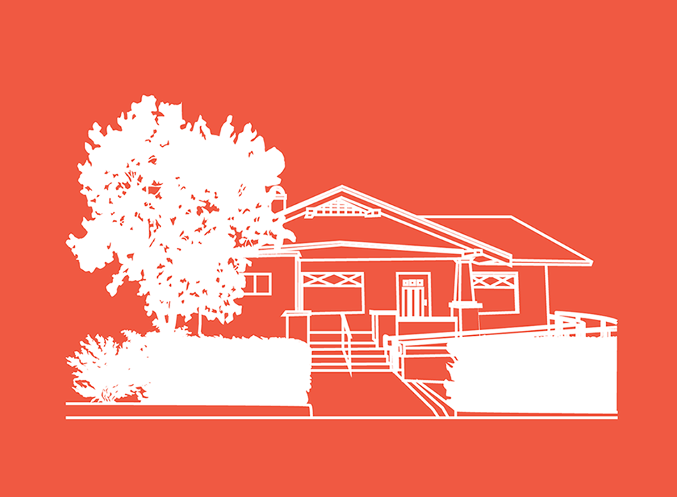 white line illustration of Pollys house against a bright coral background